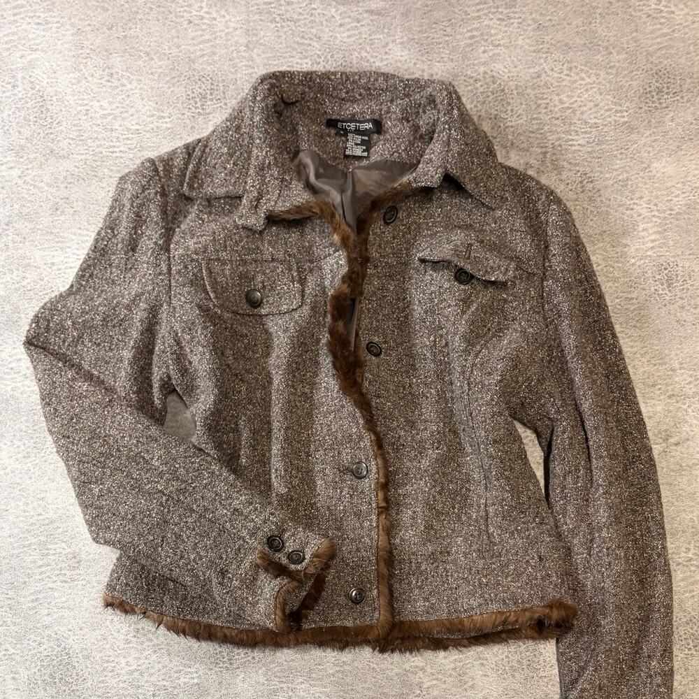 Brown Tweed Fur Trim Button Up Jacket